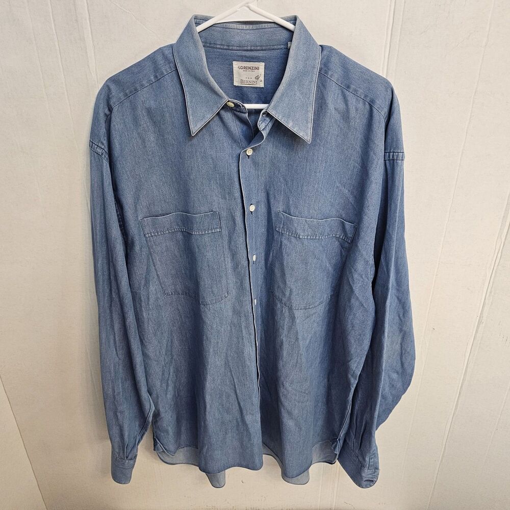 Lorenzini Long Sleeve Dress Shirt Sz 17/43 Blue Button Pockets Office Work U 427